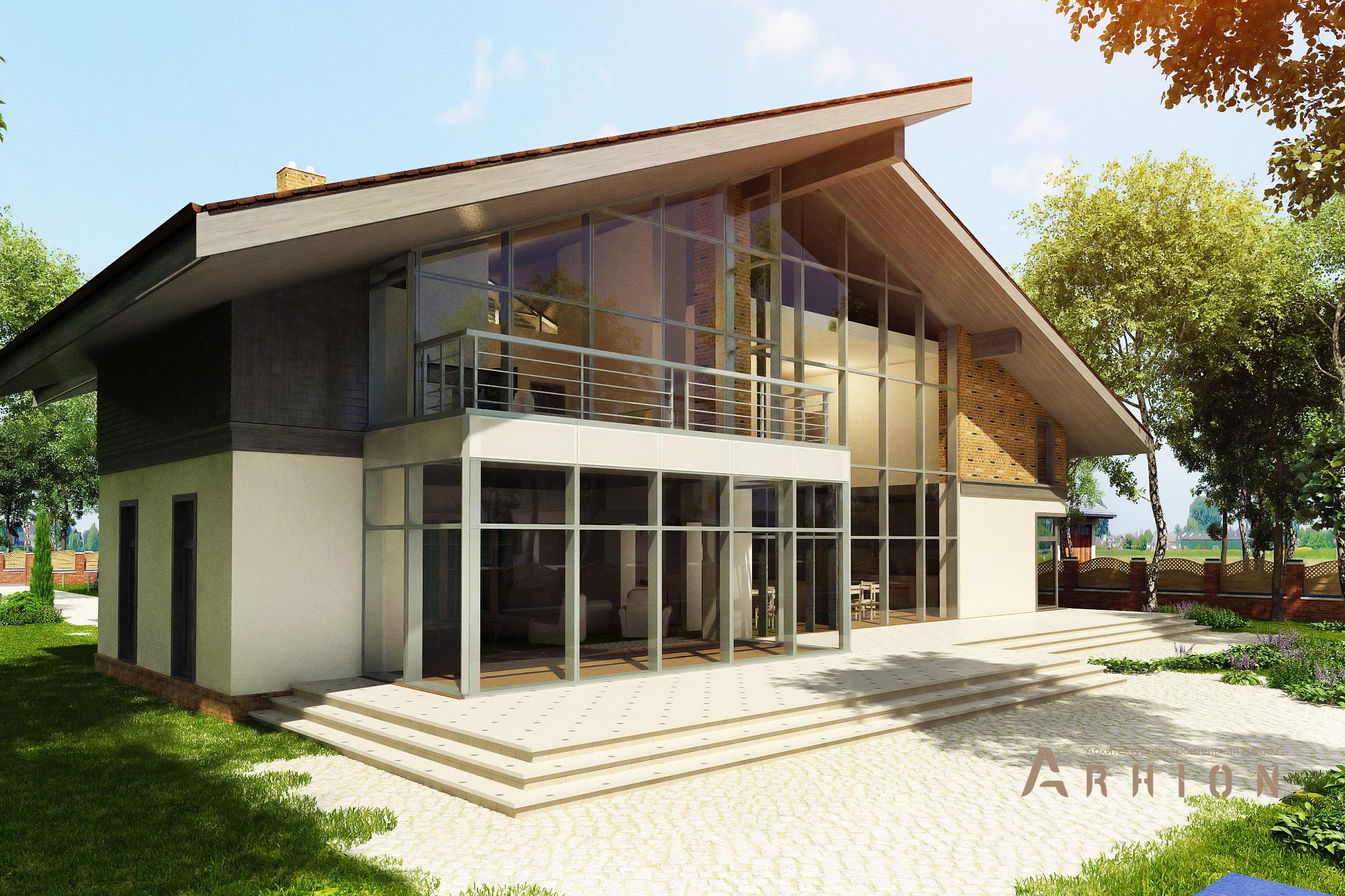 2. Проект двухэтажного дома в стиле шале с двускатной кровлей, av-650, площадью - 650 кв c цокольным этажом, мансардой, сауной, терассой, балконом, гаражом, эркером, вторым светом